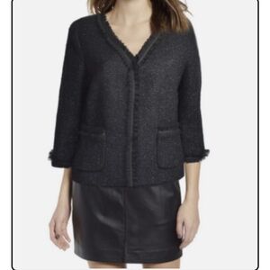 Talbots Metallic Black Tweed Wool Blend Ruffled Chiffon Trim Blazer